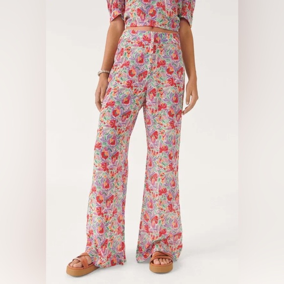 BA&SH Abo Floral Print Ecru White Multi High Waist Flowy Trouser Pants EUC Sz XS - Picture 1 of 12